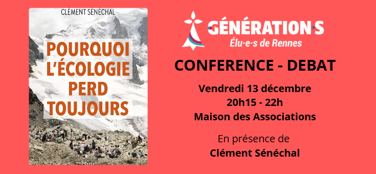 📅On se retrouve vendredi à la MDA de Rennes.
L'occasion d'échanger avec <a href="/ClemSenechal/">Clément Sénéchal</a> autour de son livre "Pourquoi l'écologie perd toujours". 
Ouvert à toutes et tous : habitants, acteurs associatifs, syndicaux, partis politiques #NFP <a href="/GNRT_Rennes/">Génération•s Pays de Rennes</a> <a href="/GenerationsMvt/">Génération·s</a>