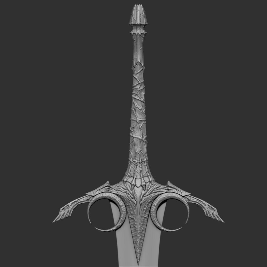Sergisggs's tweet photo. Progress from last week on Zbrush!
Looking nice so far. Got the wolf motiffs in but overall I wanted it to look like it's alien.
Now time to sculpt the blade itself ⚔️
#zbrush #3dart #3dsword #fantasysword https://t.co/y0FgGHRBcl