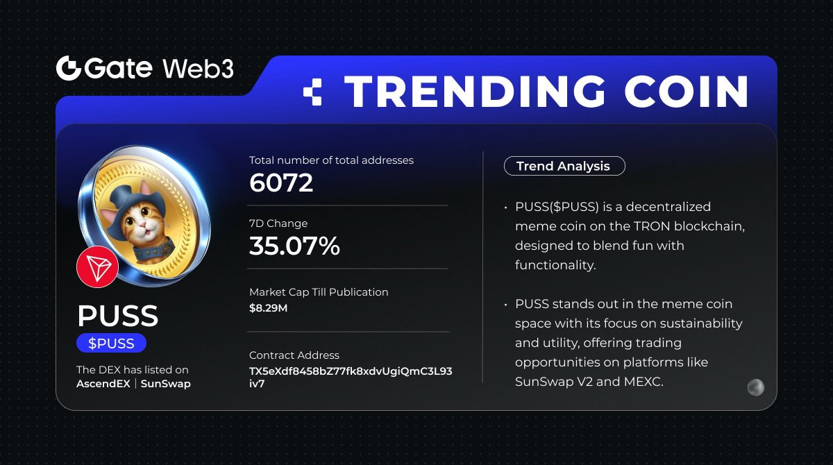 GateDEX's tweet photo. 🐾 Gate Web3 would like to bring Meme Spotlight Series, @pussmemecoin, the fearless feline shaking up the TRON blockchain! 🚀

🔥 With zero taxes, a burn mechanism, and real utility through PussFi's ecosystem, $PUSS is more than just a meme – it's the cat's meow in crypto innovation! 🐱

 #MemeBox #GatePilot #Gateio #meme #memecoin #GateWeb3Wallet