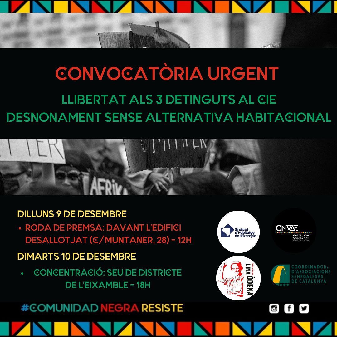Fa una setmana l'Ajuntament de Barcelona va desnonar 50 persones d'un bloc de l'Eixample, sense donar-los cap alternativa habitacional, i va detenir 3 persones.

🗓️ dl. 9/12 a les 12h: roda de premsa davant l'edifici
🗓️ dt. 10/12 a les 18h: concentració a la seu del Districte