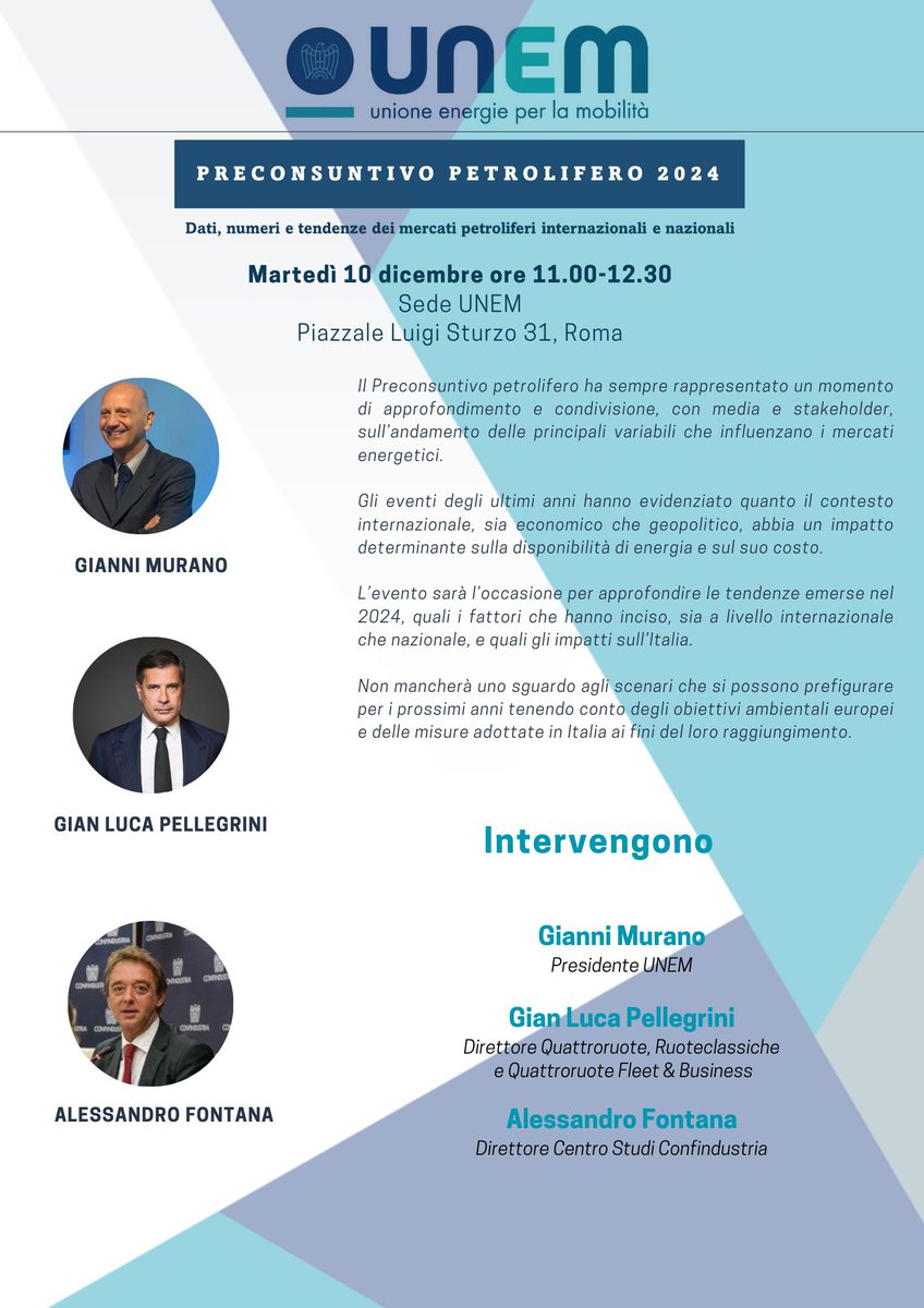 unem_it's tweet photo. Domani, martedì 10 dicembre dalle ore 11.00 alle 12.30 presso la sede di #UNEM, si terrà la conferenza stampa per la presentazione del #PreconsuntivoPetrolifero2024.
Intervengono:
Gianni Murano 
Gian Luca Pellegrini 
Alessandro Fontana
Tutte le info ➡️https://t.co/uMcqw3aTTj https://t.co/QMpFm9LSlh