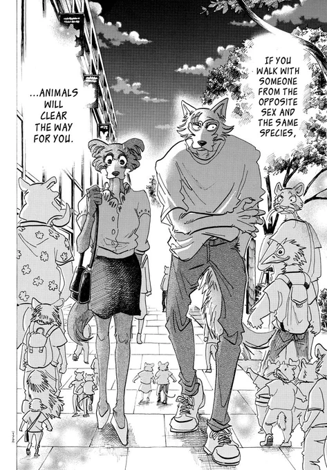 They try to fill in these gaps with NPCs who make extremely overt homophobic-sounding comments about interspecies relationships, but it winds up feeling like budget Zootopia, meanwhile the Beastars manga has things like 