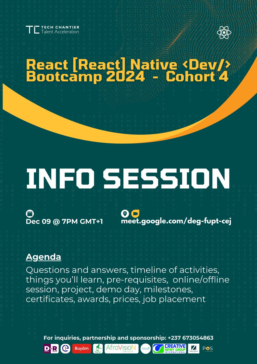TechChantier's tweet image. TC RNN Cohort 4 - Info Session
Catch us live on Google Meet today 09th Dec 2024 at 7 pm for an info session on the bootcamp.
PS: Registration closes tomorrow, the 10th, hurry and secure your spot techchantier.com/activities/rnn…