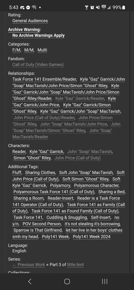 pap3rtigers's tweet photo. nesting materials

💰 #Poly141 // #CoD 
💀 ~2.3k // all ages // #Poly141Week2024
🧼 #readerinsert // #fluff
🧢 #Poly141Week Day 2 — Borrowed Clothes
🪶 #price // #soap // #ghost // #gaz // #sparrow

#pap3rfics

https://t.co/TUsjDFvAcl https://t.co/cCyiBTz99x