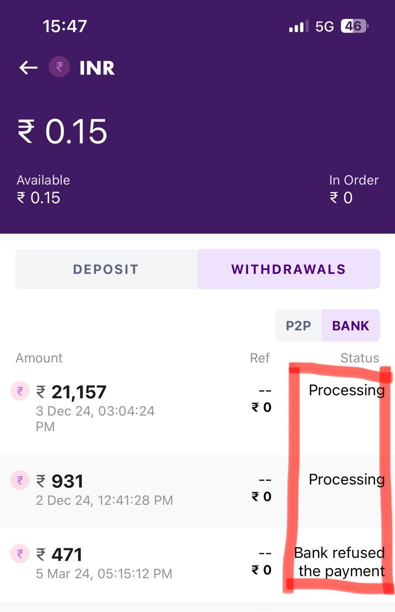 After so long time withdrawal status updated but Bank refused payment as per #bitbns , mtlb kuch bhi bolo ? And 3 Dec ka withdrawal abhi bhi processing show kr rha #gaurav kehta hai withdrawal Chal rha, Sab #SCAMMER hain #WazirXScam #ScamAlert #Bitcoin #XRP #Ripple  #RETWEET