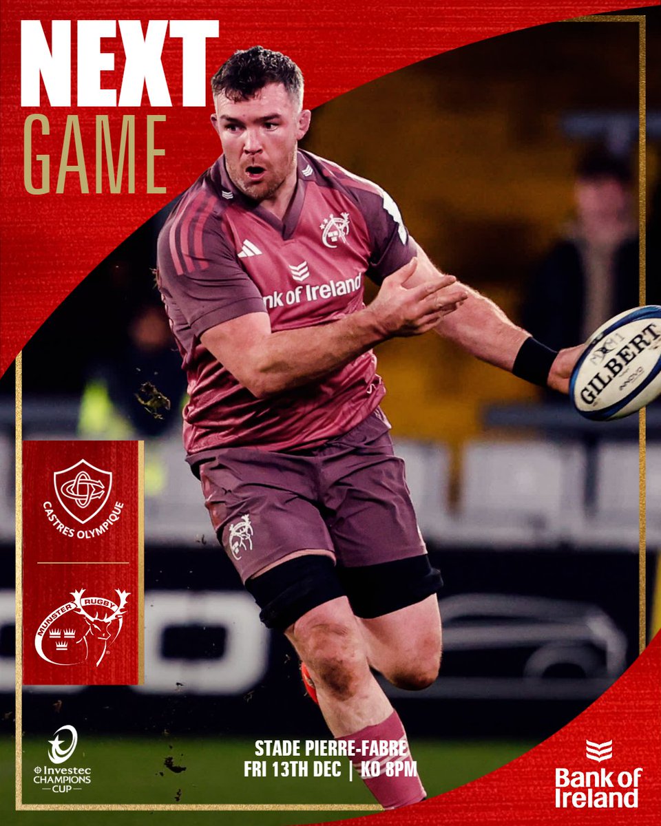 Munsterrugby's tweet image. Next up in the @ChampionsCup is @CastresRugby 💪

📅 Friday, 13th December 
🏟 Stade Pierre-Fabre 
🕗 8pm 
🏆 Round 2 

#COvMUN | #SUAF 🔴