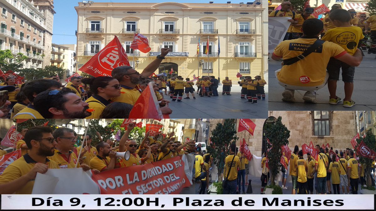 112CV_UGT's tweet photo. CCOO, UGT, CSO i CSSIF van convocar #vagaindefinida el 3 de desembre, i hui 9 de desembre es concentren a la Pl. Manises, València a les 12H, tot el nostre suport als treballadors i treballadores del transport sanitari al País Valencià, PROU DE PRECARIETAT EN LES EMERGÈNCIES!!! https://t.co/kd6QKnsKff