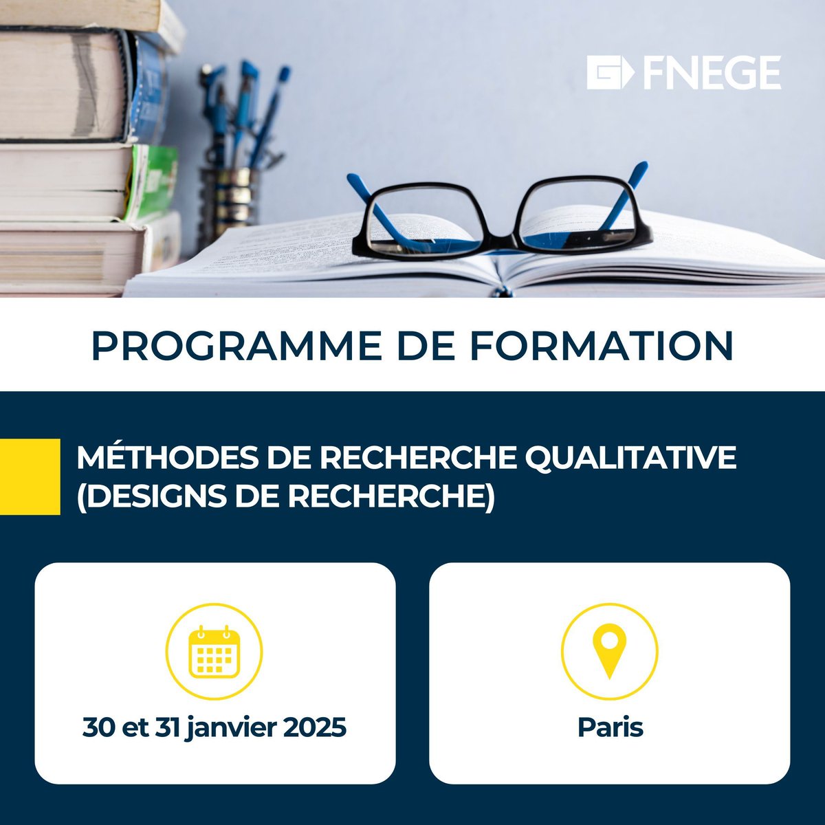 ✏️ Formation FNEGE : Méthodes de recherche qualitative (designs de recherche)

📅 30 et 31 janvier 2025 

🎤 Intervenant : Florence Allard-Poesi - Université Paris-Est Créteil (UPEC) 

👉 Plus d'informations : buff.ly/4byMOtU 

🖱️ Inscriptions : buff.ly/3KtCN73