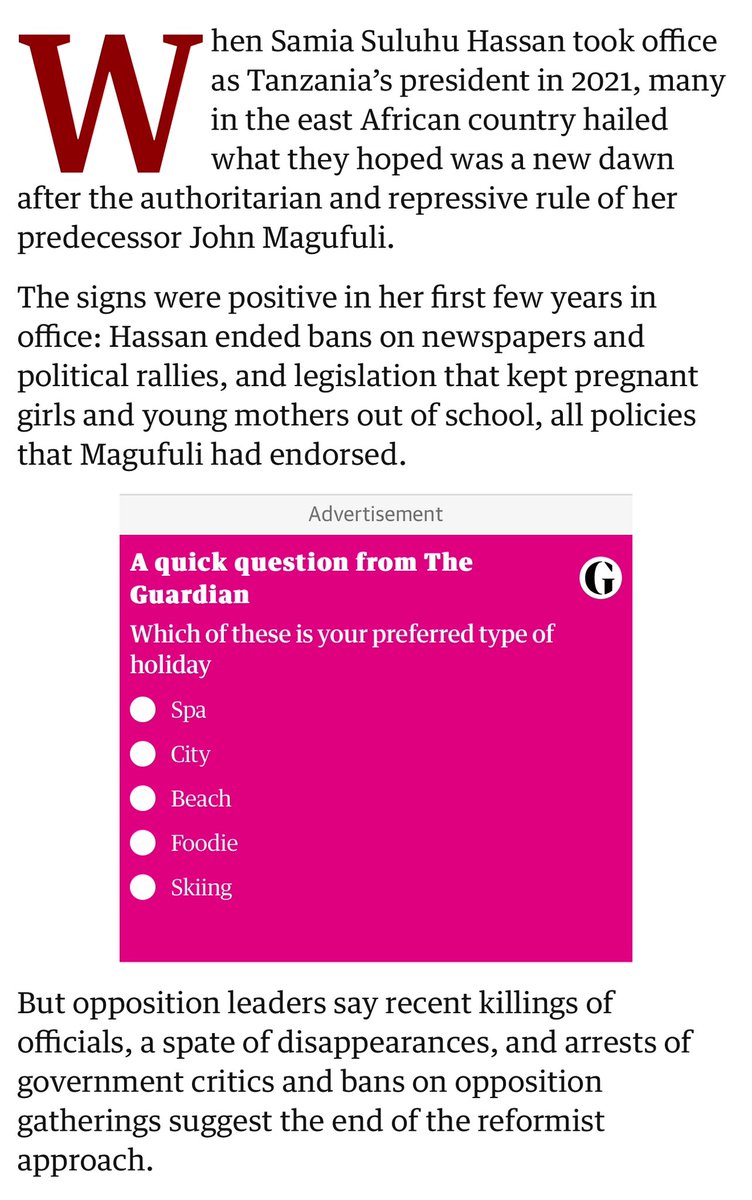 Sativa255's tweet photo. Gazeti la The Guardian @guardian  nchini UINGEREZA limechapisha habari ya MADUDU YA SAMIA.

Sakata langu la KUTEKWA limeandikwa pia humo. Chukua muda wako kajisomee. Kwakuwa SERIAKALI yetu SIKIVU inafungua NCHI kajionee nchi ilivyofunguliwa humo.

SAFI KABISA.

Link: https://t.co/n4SFDVBtvX

REPOST 200🔥🔥