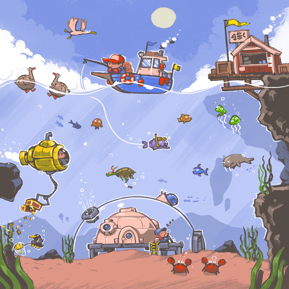 Hello Twi.. X!  🐟This is the official account for Sea Sniffers. A game about exploring the world above and below the ocean surface!
#gamedev

🐟  One of the first pieces of art we made for the project. It's still an inspiration for the good vibes we want to serve 🦭