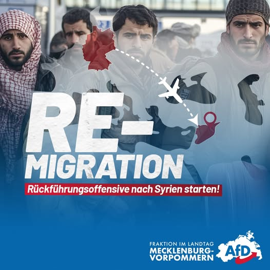 AfDFraktion_MV's tweet photo. Inzwischen lebt fast jeder 20. ursprüngliche Einwohner Syriens in Deutschland. Insgesamt fast eine Million. Mehr als die Hälfte von ihnen sind Bürgergeldempfänger. Nun ist es Zeit für die geordnete Rückkehr: https://t.co/VTd3BvWcVI
#AfD #ltmv #LandtagMV #Syrien #Remigration https://t.co/ANN5EO7eqG