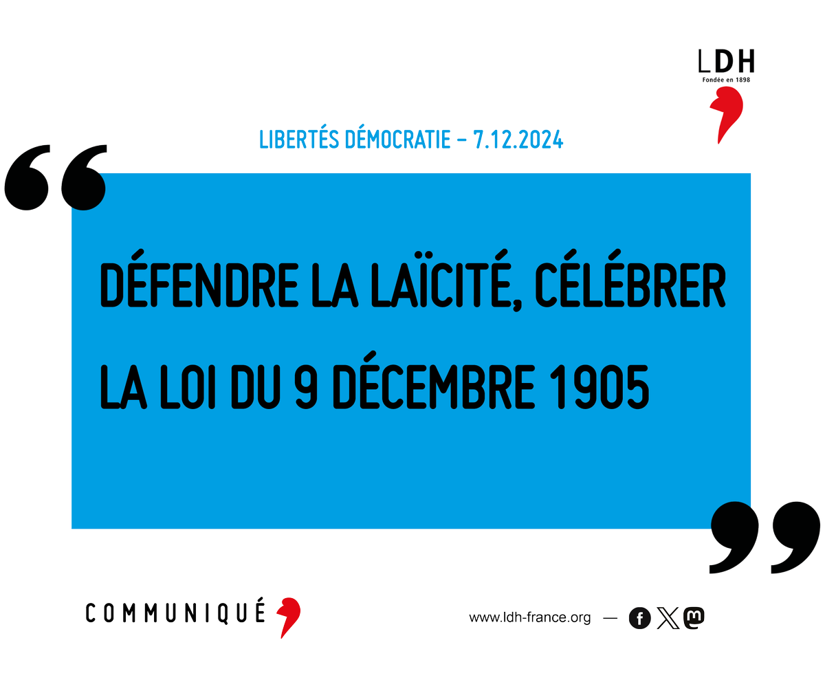 #JournéeDeLaLaïcité : la #LDH rappelle l’intérêt de la loi du #9décembre séparant l’Etat et les cultes. La #laïcité est un outil de préservation de la liberté de conscience et non un prétexte à affirmer une identité nationale fantasmée.
ldh-france.org/defendre-la-la…