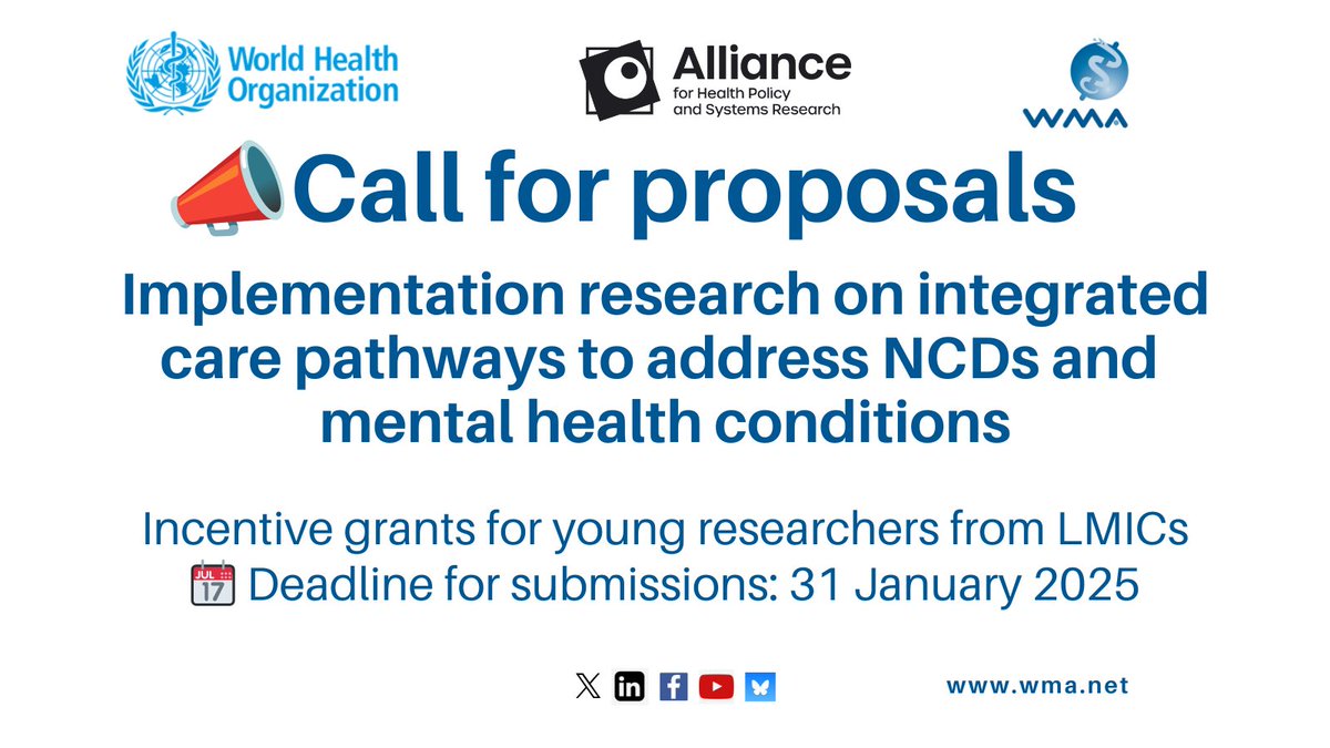 📣Call for proposals: Implementation research on integrated care pathways to address NCDs and
mental health conditions. Incentive grants for young researchers from LMICs. 📆 Submission by 31 01 2025 👉🏼ow.ly/rvS450UnjBs <a href="/WHO/">World Health Organization (WHO)</a> <a href="/medwma/">World Medical Association</a> <a href="/AllianceHPSR/">Alliance for HPSR</a> #NCDs #LMICs #ResearchGrants