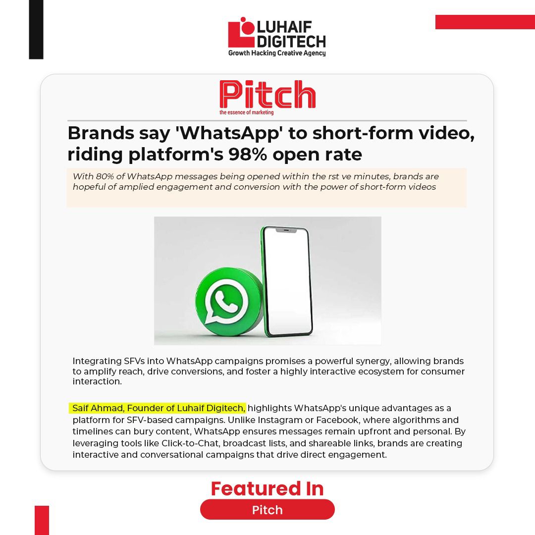 LuhaifD's tweet photo. Our CEO Saif Ahmed Khan Founder of Luhaif Digitech featured in Pitch! 🚀 Discover how we’re helping brands say ‘WhatsApp’ to short-form videos, leveraging the platform’s incredible 98% open rate. https://t.co/xl25pQ9L9c