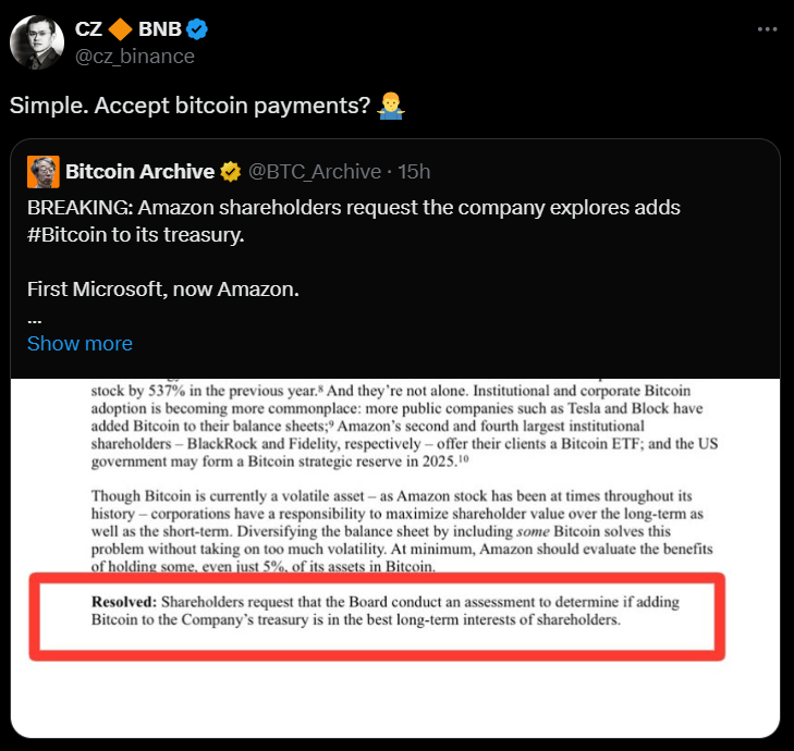 TheMoonCarl's tweet image. Could Amazon be next to embrace #Bitcoin? CZ urges the e-commerce giant to start accepting BTC payments!