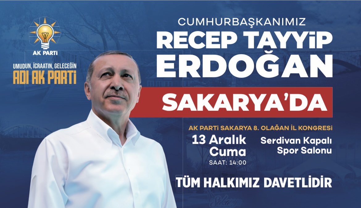 Hasret sona eriyor, Sakarya liderine kavuşuyor..

Cumhurbaşkanımız, Genel Başkanımız Sayın Recep Tayyip Erdoğan’ın teşrifleriyle yapılacak olan AK Parti Sakarya 8. Olağan İl Kongresi’ne sizleri de bekliyoruz.

📍 Serdivan Kapalı Spor Salonu
🗓️13 Aralık Cuma 
🕑 14:00