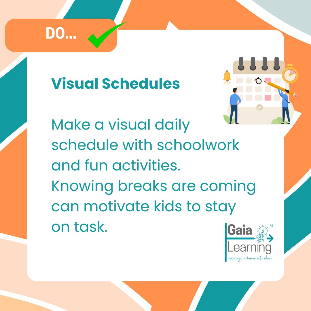 gaialearning's tweet image. 📅 Struggling with homework time? Structure is key!
DO: Create a visual schedule with tasks & breaks to keep kids on track.
AVOID: A lack of structure—it can cause stress & resistance.
#ADHDSupport #HomeworkTips #GaiaLearning
