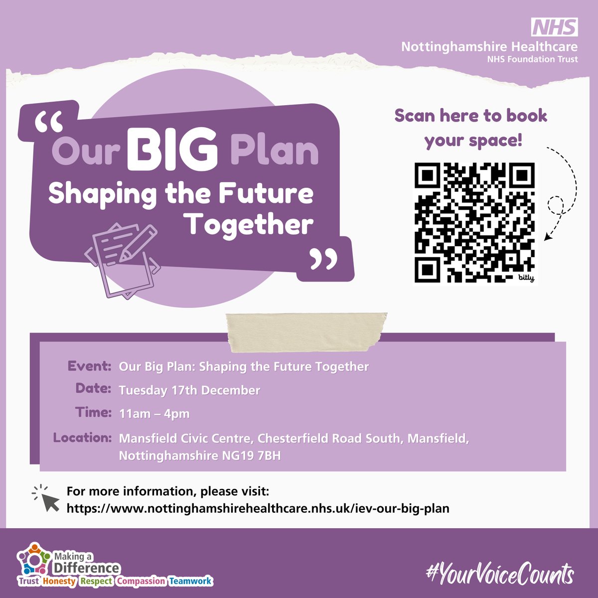 📢 Come and join us!
We are putting the involvement of patients and carers into all that we do at Nottinghamshire Healthcare and building our Improvement Plan together.  All our patients and carers are welcome to join us - register today.