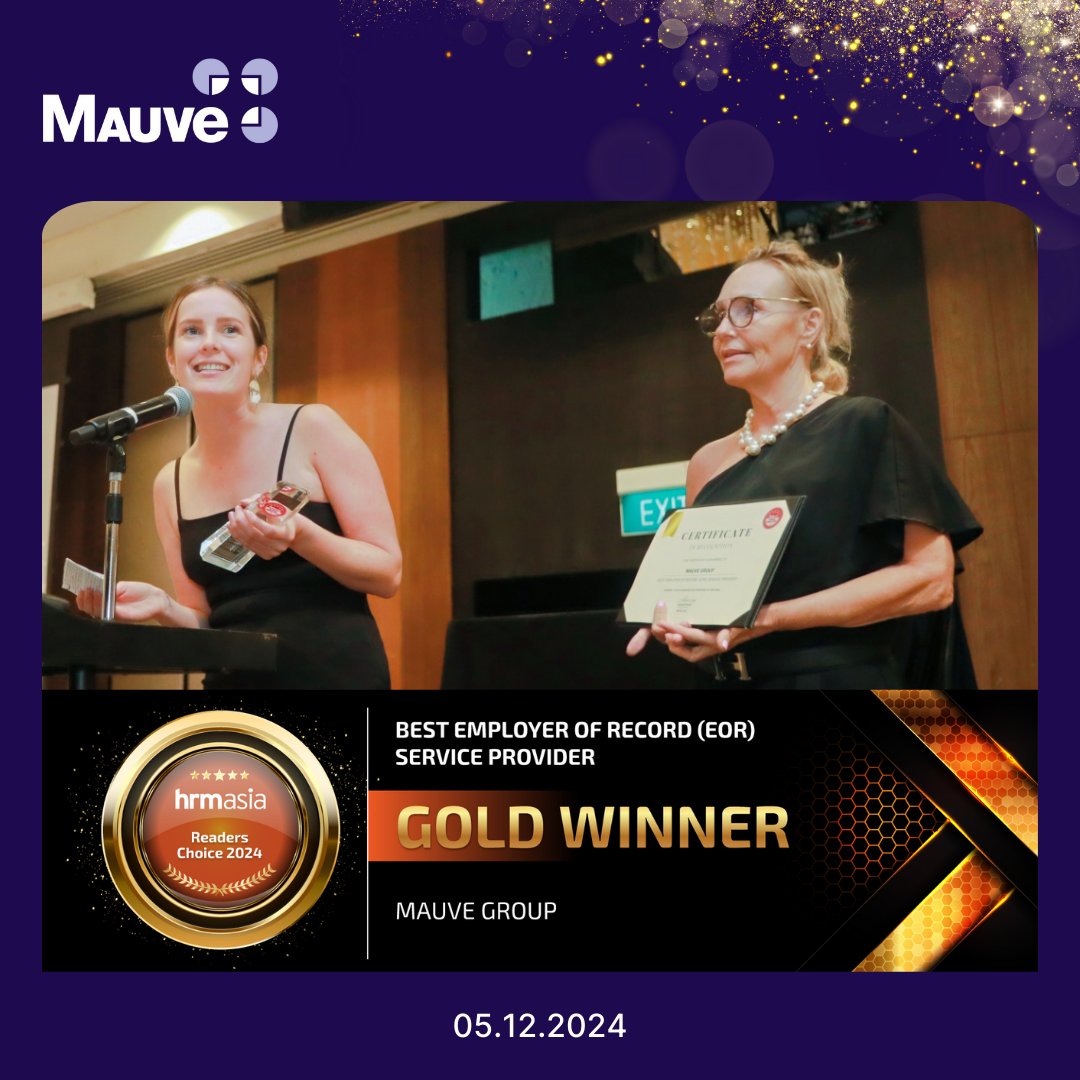 MauveGroup's tweet image. MAUVE NEWS | 🎉🏆 We’re celebrating an early festive win! Gold for 'Best Employer of Record Provider' at the HRM Asia #RCA2024 in Singapore last week! Read on to learn why: ow.ly/PS4850Un7KP