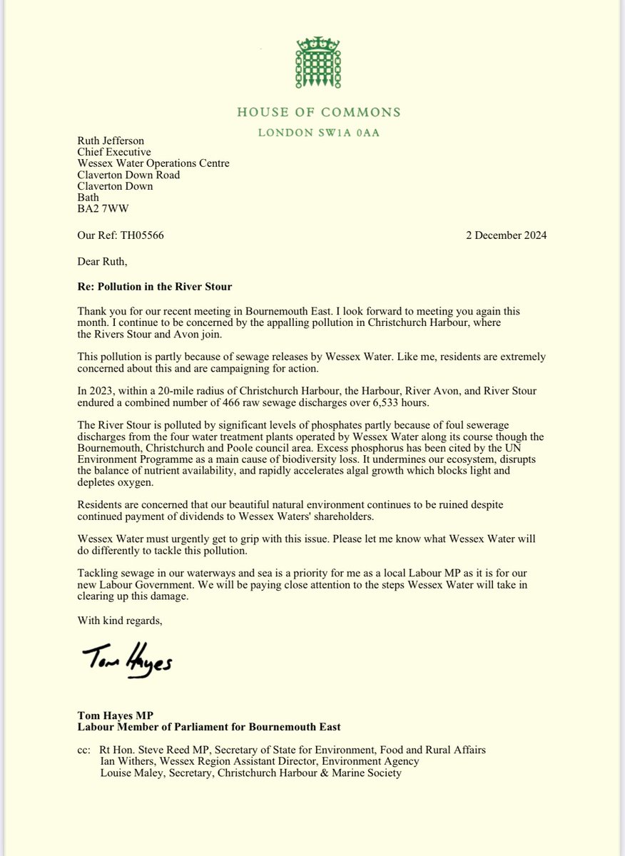 CH&amp;MS are delighted that Bournemouth East Labour MP, Tom Hayes, has lent his weight to our campaign by writing to the Chief Executive of Wessex Water to seek action regarding the pollution of Christchurch Harbour. 

Don’t forget to sign the petition democracy.bcpcouncil.gov.uk/mgEPetitionLis…