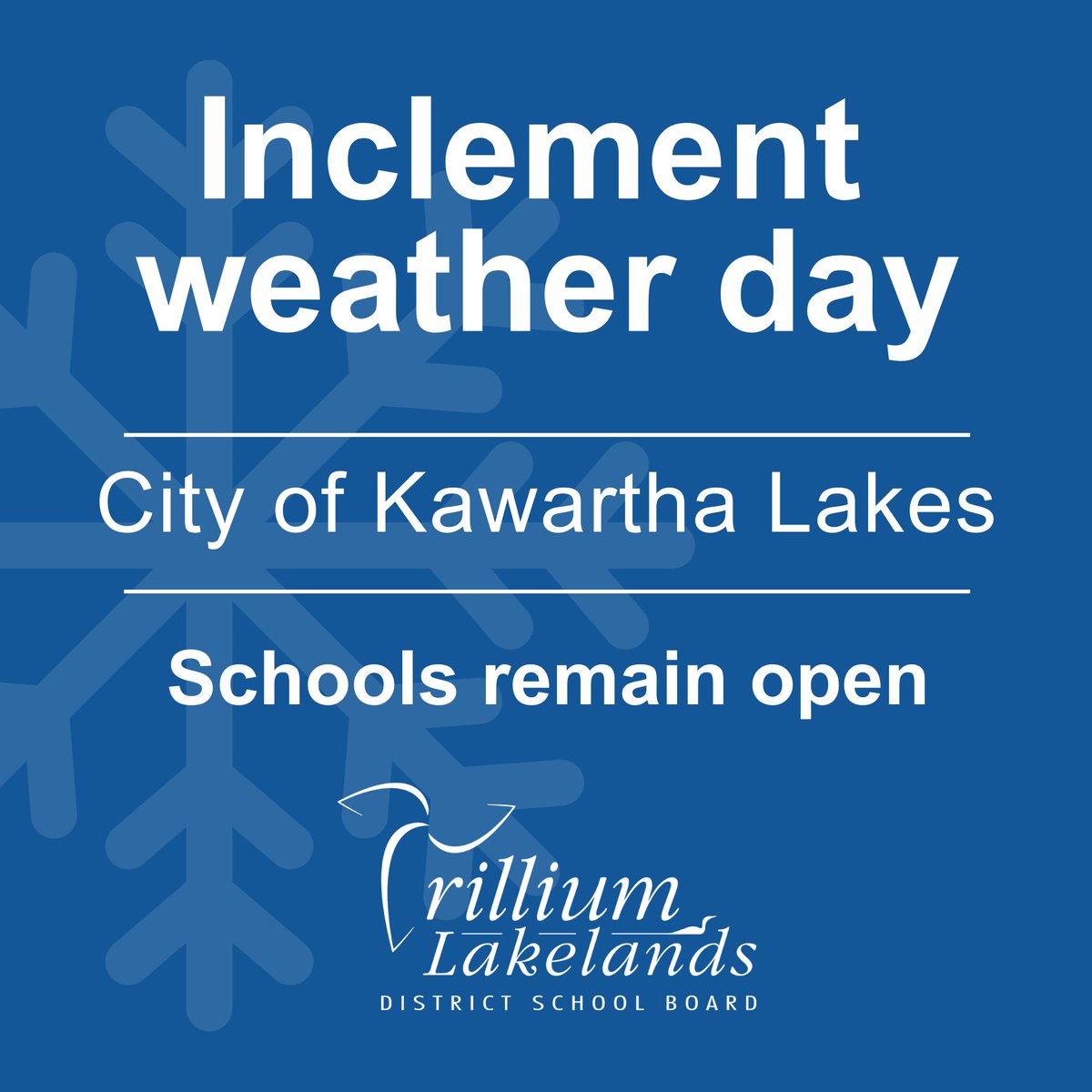 (1/2) Due to Environment Canada’s forecasted freezing rain, transportation to schools is not operating in the City of Kawartha Lakes today, Monday, December 9. 

Schools remain open and learning opportunities will continue for students who are able to safely attend in-person.