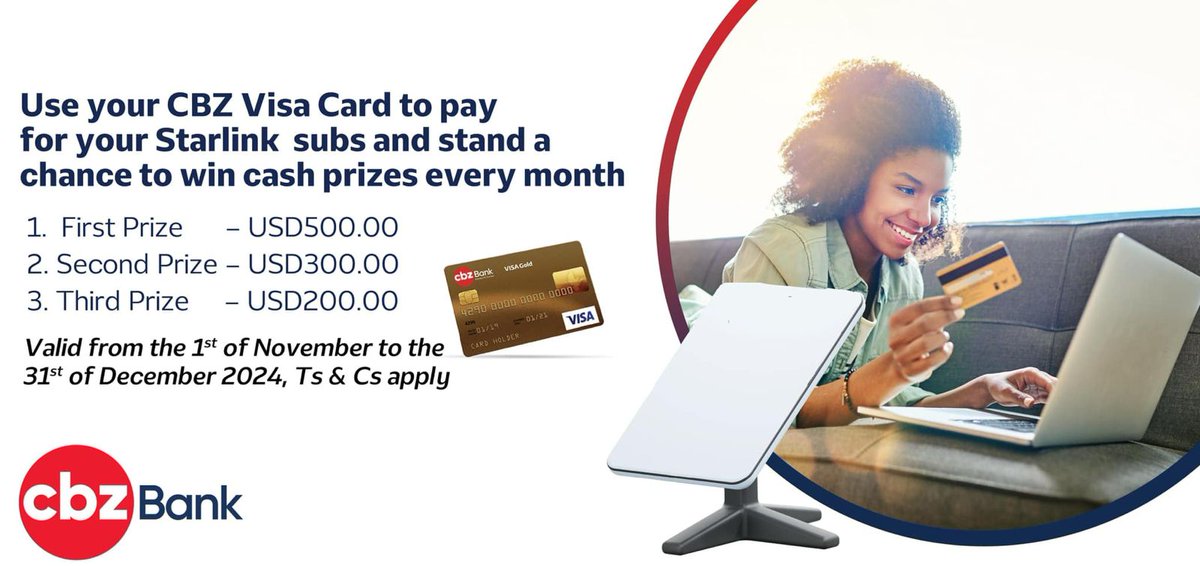 NewZimbabweCom's tweet image. Use the CBZ Visa Gold Card to pay for your Starlink subscription and stand a chance to win cash prizes! 
#PartnersForSuccess