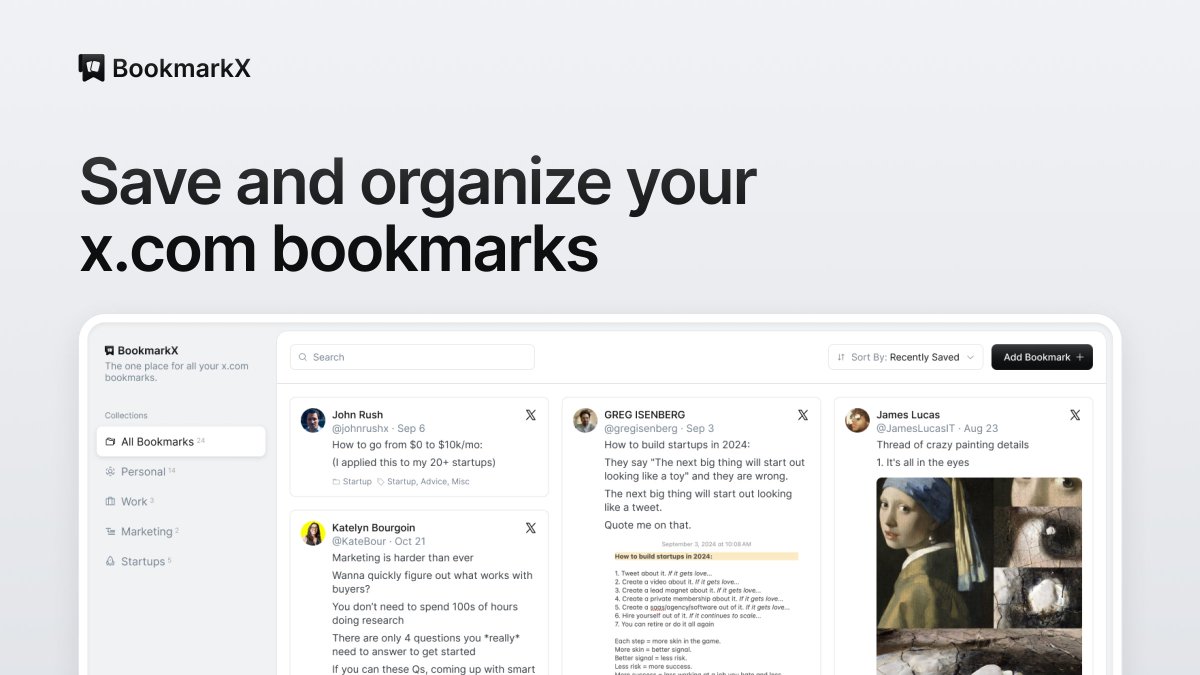 Fed up of loosing your X bookmarks?
Me too.

So I built a simple product that allows you to not only bookmark X posts, but sort &amp; browse them too.

It's live today and free to start bookmarking.

Why you need it and links below...