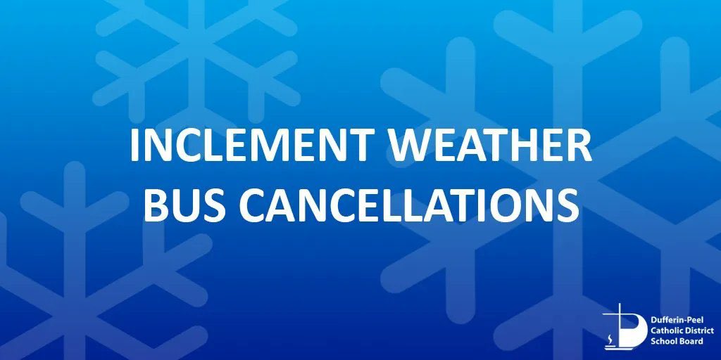 Buses to St. Andrew, St. Peter, St. Benedict, and R. F. Hall are cancelled today due to an extended freezing rain forecast. All schools are open.

Check our Community Information Bulletin on Weather Related Bus Cancellations and System Closures: dpcdsb.info/WeatherRelated…