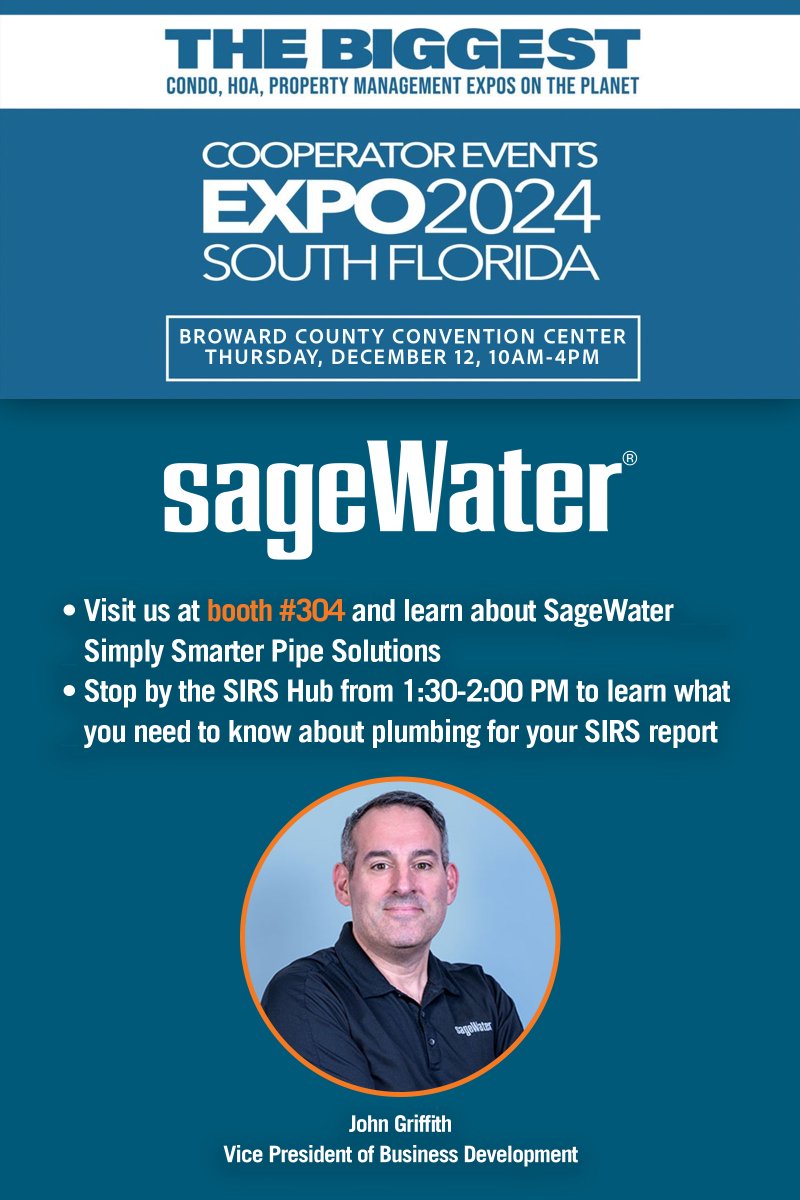 SageWater's tweet image. This Thursday stop by the SIRS Hub at 1:30pm or Booth #304 at Cooperator Expo South Florida to talk about how you can get a look inside your pipes with a forensic analysis of your pipes.
Hope to see you there! #CooperatorSF #PipeTEST #PropertyManagement