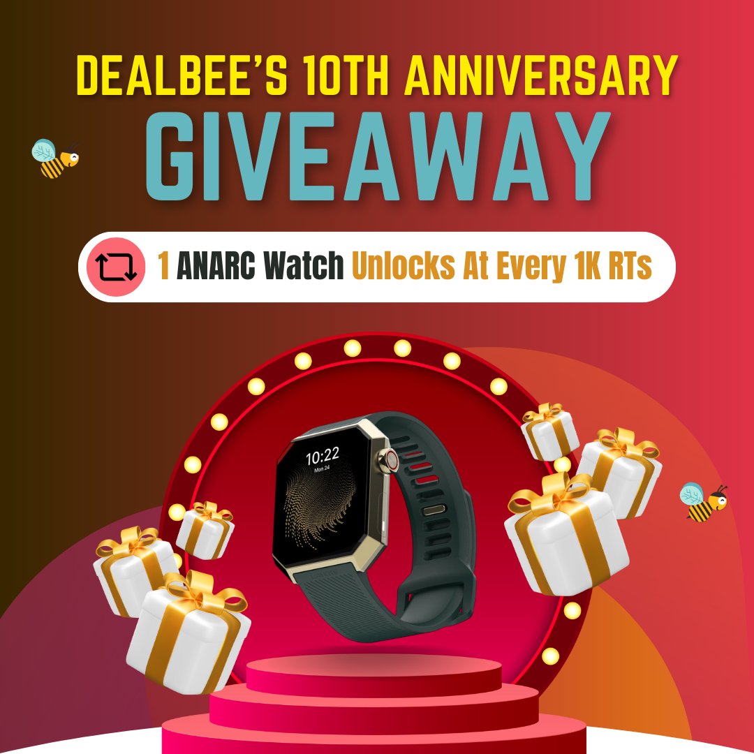 DealBeeOfficial's tweet image. 🎉 DealBee&apos;s 10th Anniversary BIGGEST Giveaway 🎁

We&apos;re giving away Layers ANARC Smartwatches to unlimited users! ⌚ 

Yes, for every 1,000 RTs, 1 watch will be unlocked 🥳

5k RTs = 5 ANARC Watches 
10k RTs = 10 ANARC Watches 

🎯 How to Enter 👇

1️⃣ Like &amp;amp; Retweet this post…