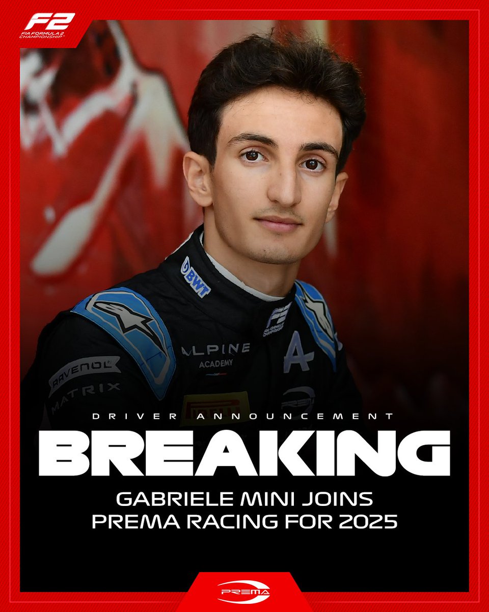 Formula2's tweet photo. BREAKING: Gabriele Mini steps up to F2 with @PREMA_Team! 🪜
The Italian driver sticks with the Italian squad for 2025 following a strong F3 season together in 2024 and a podium-scoring F2 weekend in Baku while subbing for Ollie Bearman 🙌
#F2 #RoadToF1 https://t.co/LqyoyPQtA0