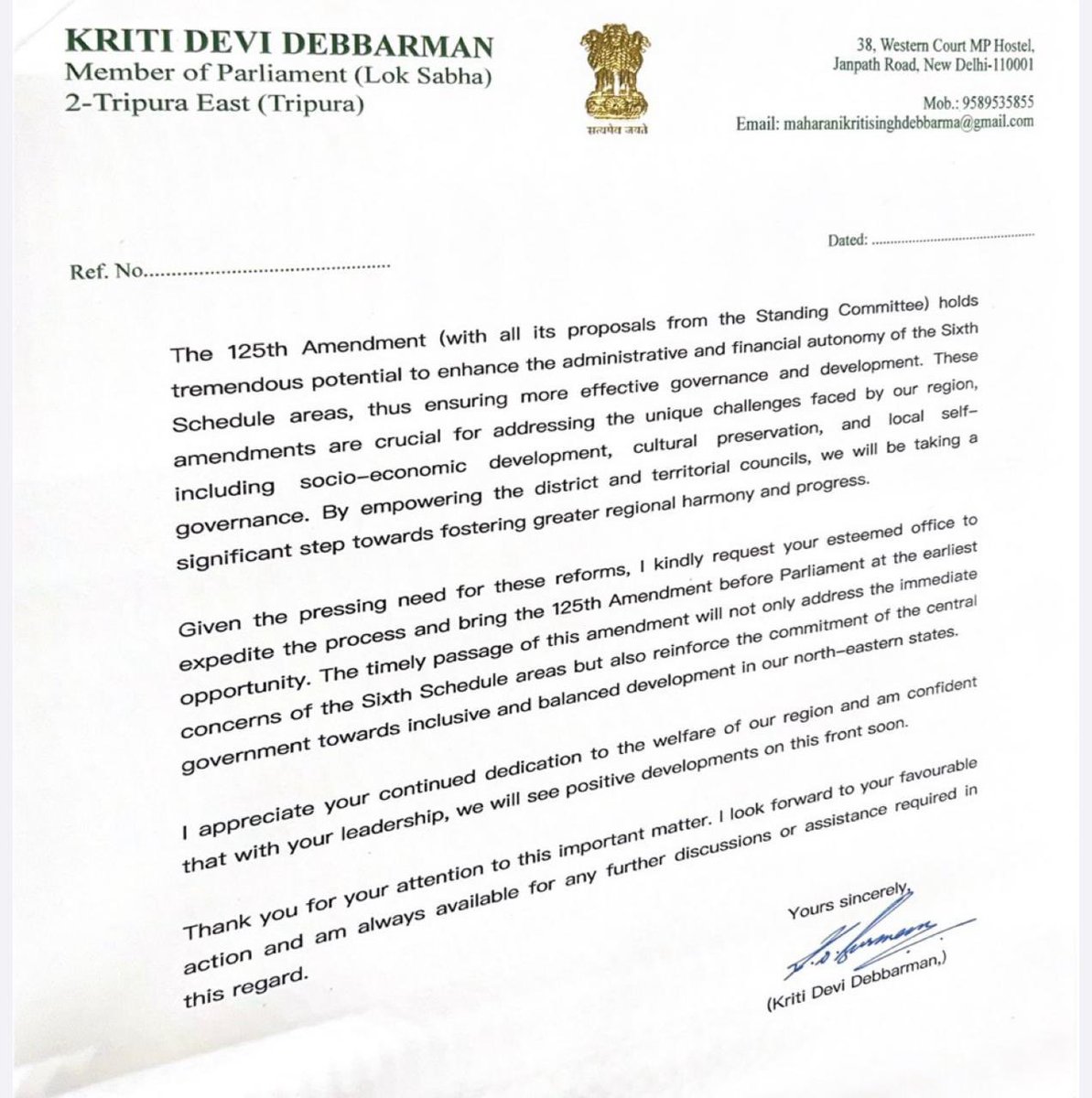 PradyotManikya's tweet photo. Today my sister handed over the letter to Hon HM Shri @AmitShah for the implementation of the 125th amendment . All of us who are from the NE council areas would like this at the earliest to safeguard our interest of the people https://t.co/UDMonUZBbC