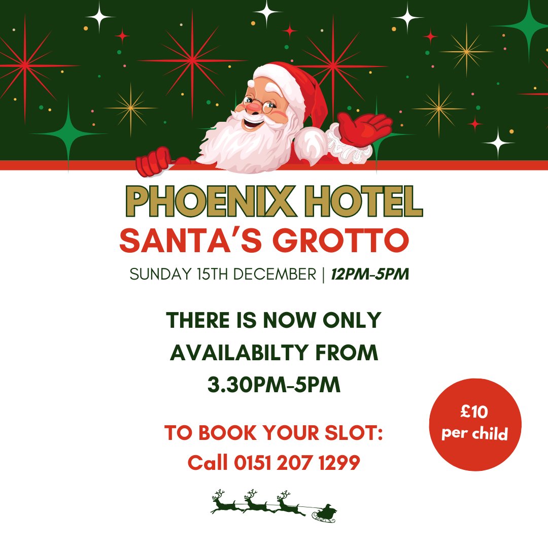 PhoenixHotelliv's tweet photo. Santa’s Grotto is coming to Phoenix Hotel! We now have limited availability between 3:30 PM and 5 PM—all for just £10 per child! Call us at 0151 207 1299 to book #SantasGrotto #LiverpoolEvents #ChristmasFun #FestiveSeason #FamilyDaysOut #SantaExperience #HolidayMagic #Liverpool https://t.co/hWpdWPfPDW
