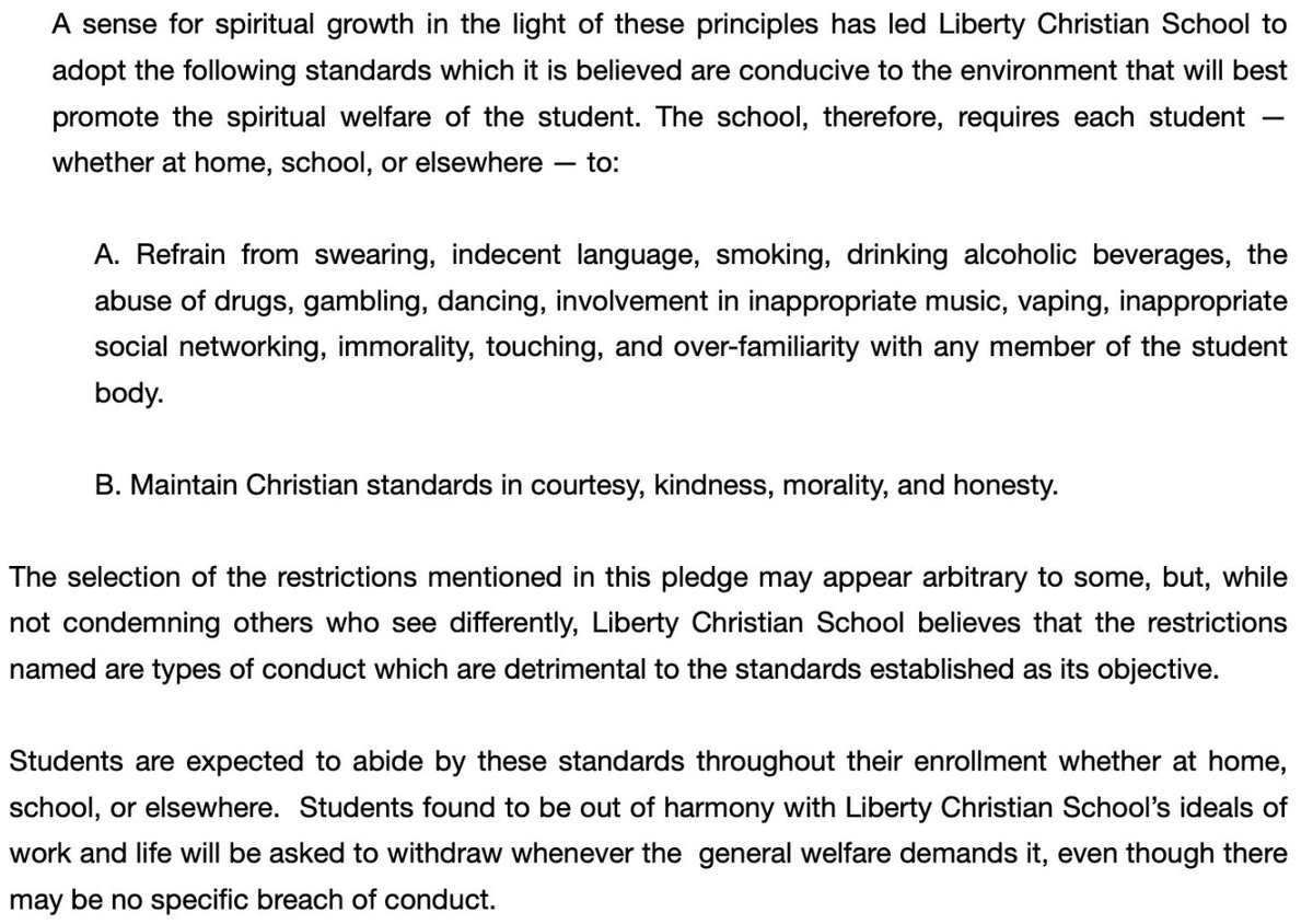 Liberty Christian School in Durham NC got nearly $1m in public voucher funding this year.

This school reserves the right to expel students who dance or listen to "inappropriate" music at home.

The public should not be funding institutions with these control issues. #ncpol #nced