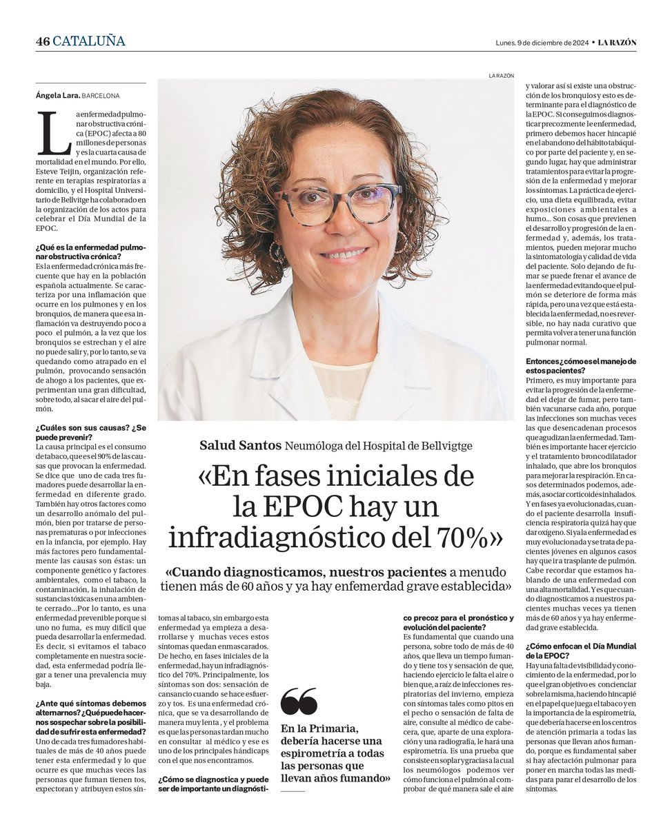 🫁La importància d'un diagnòstic primerenc i d'altres aspectes claus sobre Malaltia Pulmonar Obstructiva Crònica (#MPOC), segons la Dra. Salud Santos, cap de Servei de #Pneumologia de l'#hbellvitge via <a href="/larazon_es/">La Razón</a> 
#ExpertesaHUB <a href="/pneumobell/">Pneumobellvitge</a> #EPOC