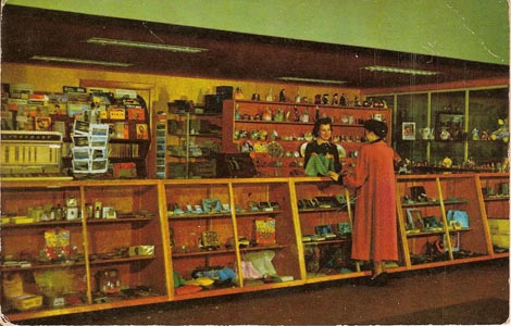 A flashback to the startup of post war commercial transatlantic aviation showing the gift counter in the terminal at Gander Airport c 1949. The terminal was located in a renovated portion of WWII RAF hangar 22. The present day terminal was officially opened in 1959 by QEII.