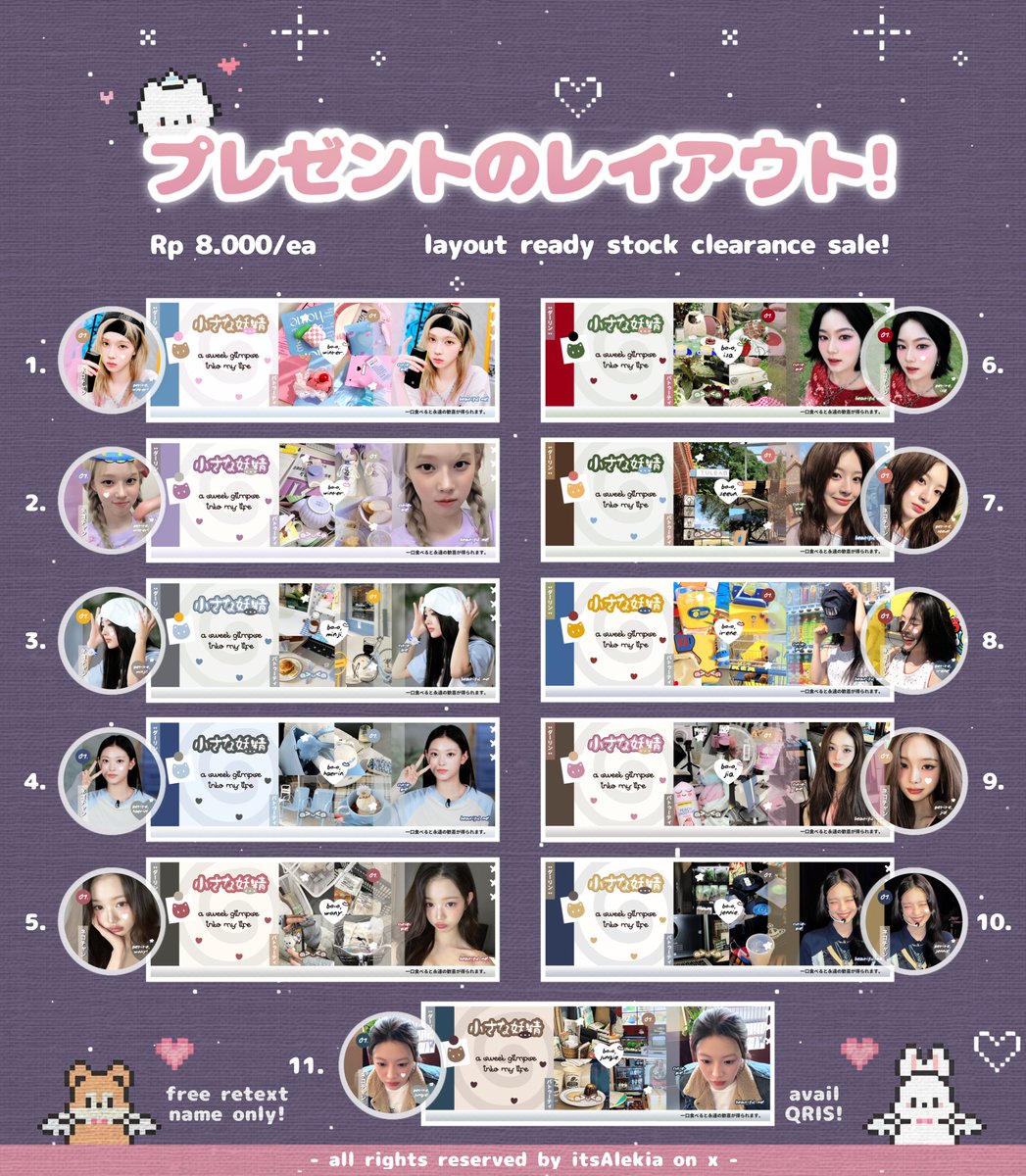 tolong repost nya, maaci!

ges aku ada layout ready stock clearance sale ciwi ciwi harga 8k/ea free retext name only, payment avail via QRIS. bisa sung dm aja ya, yuk bantu habisin! 🎐

#zonauang #zonaba #zonajajan