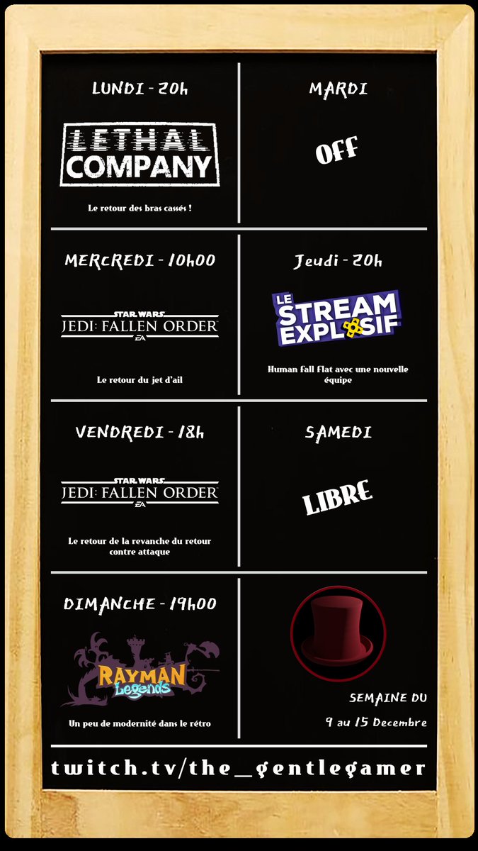 Et voilà le calendrier #Twitch !
On est encore sur une belle semaine avec plein de jeux à faire 😁

twitch.tv/the_gentlegamer 

Bonne semaine à tous !