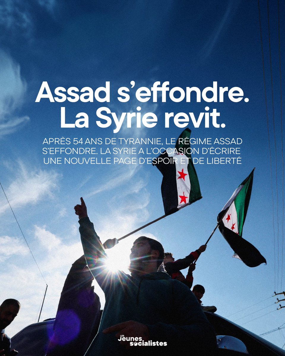 lesJeunesSoc's tweet photo. Assad s’effondre. La Syrie revit.

→ Une page noire se tourne pour la Syrie, tandis qu’une nouvelle, vierge, s’ouvre. Il incombe désormais au peuple syrien de pouvoir déterminer son avenir.

👉 Un billet de blog à lire ici : https://t.co/ptcCR9ySsh https://t.co/moqztJx3ZQ