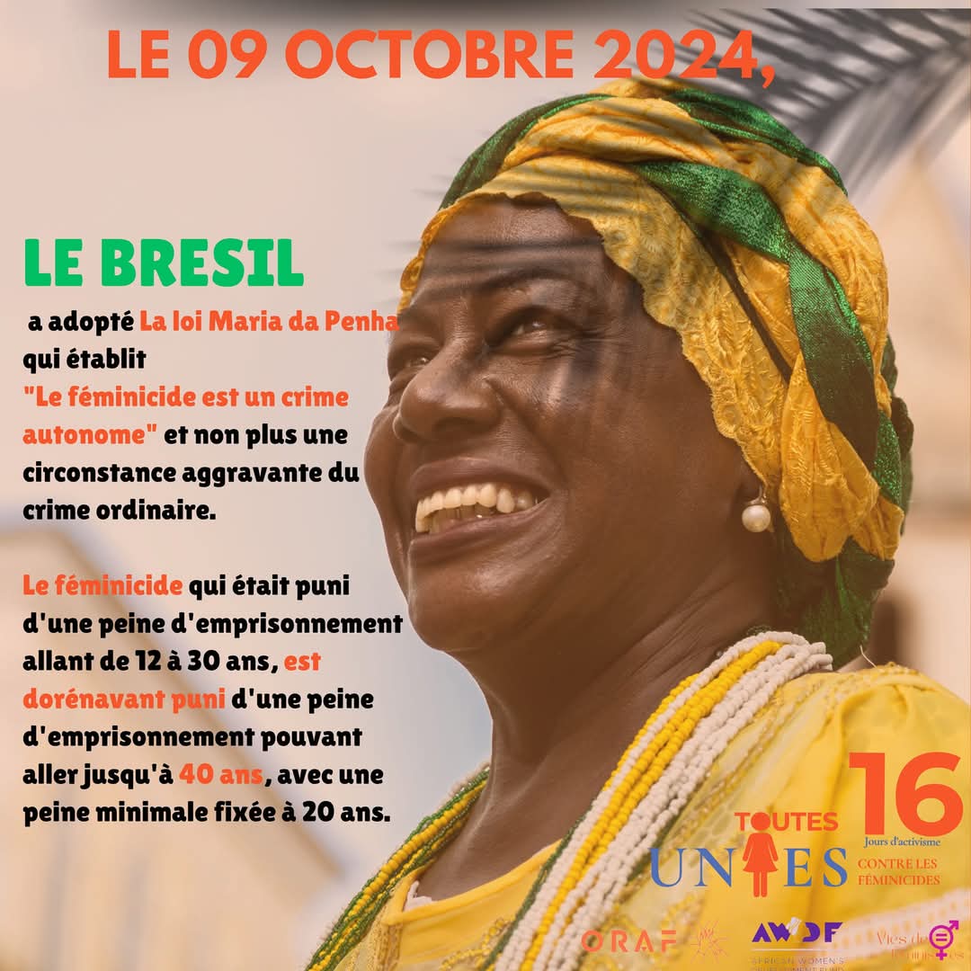 Femin_in_BF's tweet photo. Le Brésil renforce sa législation : le féminicide devient un crime autonome, passible de 20 à 40 ans de prison. Inspirons-nous de ces avancées pour intensifier notre plaidoyer.
#ORAF #FEMIN_IN #AWDF #16joursdactivisme #Stopféminicides #ToutesUnies #JusticePourLesVictimes https://t.co/0NwuOBOJfe