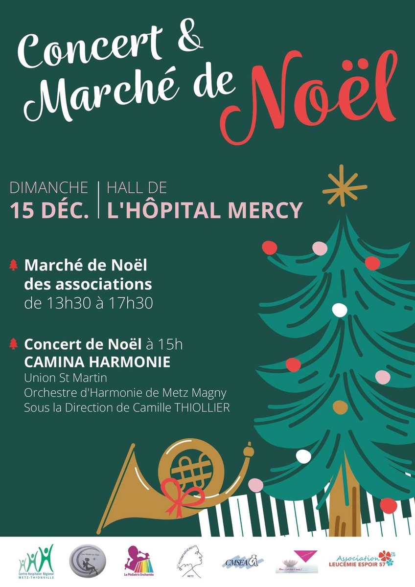 🎄Le CHR Metz-Thionville organise le 15 décembre avec ses partenaires un concert de Noël et un marché de Noël des associations ouverts à toutes à tous.

🎺 Au plaisir de vous y retrouver nombreuses et nombreux.