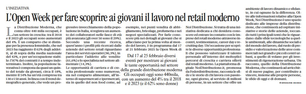 Federdis's tweet photo. Sulle colonne di @Avvenire_Nei si parla dell’Open Week di #NoiDistribuzione, dal 17 al 21 febbraio, dedicata a giovani interessati alle opportunità professionali offerti dalle imprese della #DistribuzioneModerna.
Scopri di più: https://t.co/asv8SwJb1Y https://t.co/lV6vpdwC6M