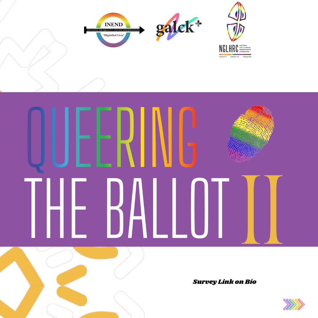 INENDorg's tweet photo. #QueeringTheBallot
Initiative for Equality and Non Discrimination (INEND), Galck+
@Galck_ke  and the National Gay and Lesbians Human Rights Commission (NGLHRC) @NGLHRC are partners working to create an enabling environment for the LGBTQ+ community to thrive and build a home in Kenya. 
As partners, we are conducting a situational analysis and developing a strategy for comprehensive LGBTQ+ community engagement in electoral and political participation.

As Citizens of Kenya, the LGBTQ+ community organisations were accredited for the first time as election observers in 2022 under #QueeringTheBallot
The organisations set up innovative election observation platforms across 7 counties in Kenya, a process that offered vital lessons on strengthening democratic processes for inclusive governance of all.

Please Participate in this Survey which will take 8-10 Minutes of your Time.

https://t.co/Vo7jc6rG7L  (Link On Bio)

Your input will help us understand the experiences, challenges, and aspirations of the LGBTQ+ community in Kenya regarding civic participation, safety, and the evolving political and social environment.