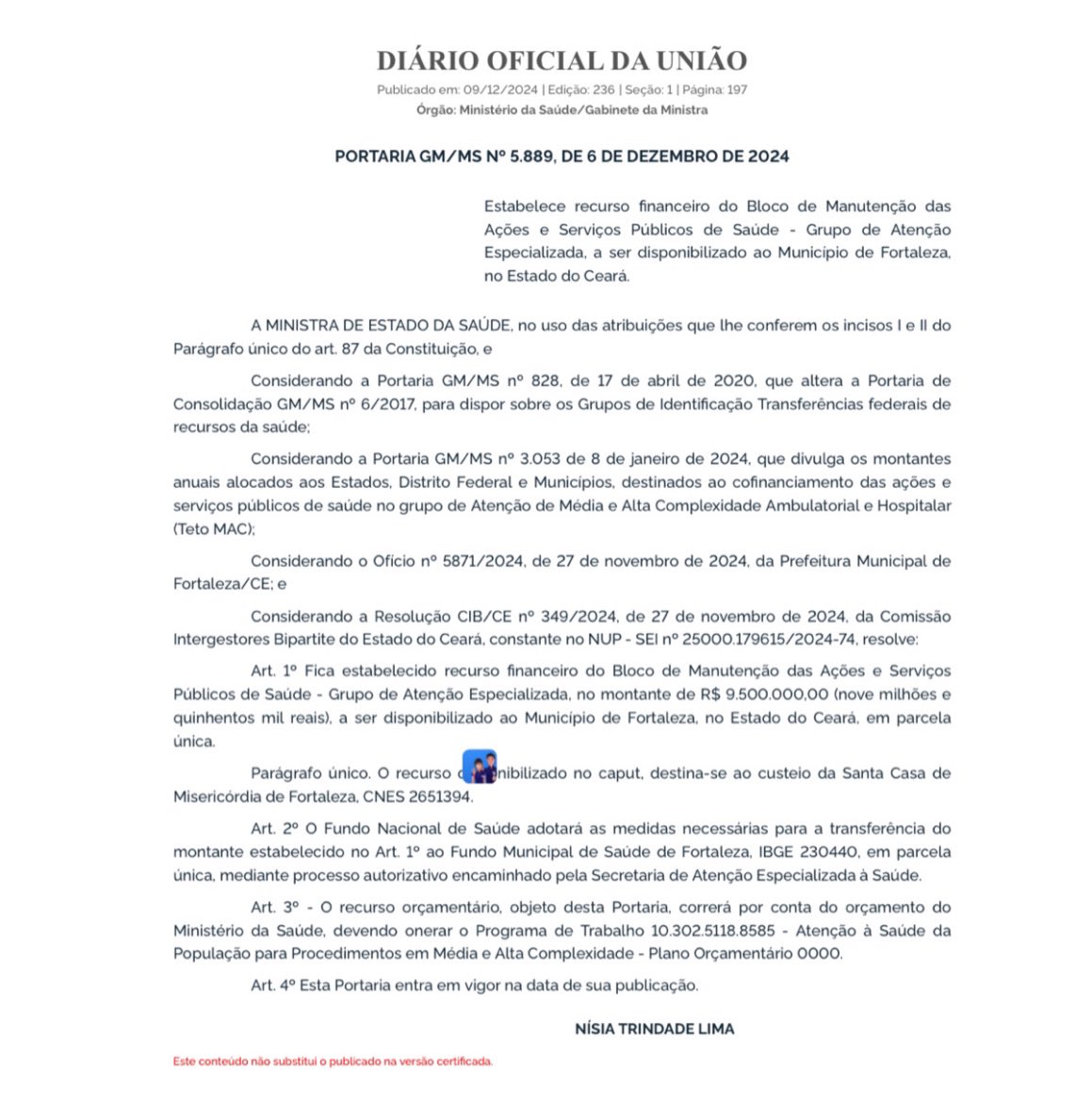 elmanooficial's tweet photo. Liberados recursos imediatos de R$ 9,6 milhões para o IJF e de R$ 9,5 milhões para a Santa Casa de Fortaleza, para apoio no custeio das unidades. A autorização dos recursos, no valor total de R$ 19,1 milhões, já foi publicada no Diário Oficial da União. https://t.co/wX3pUtkxYJ