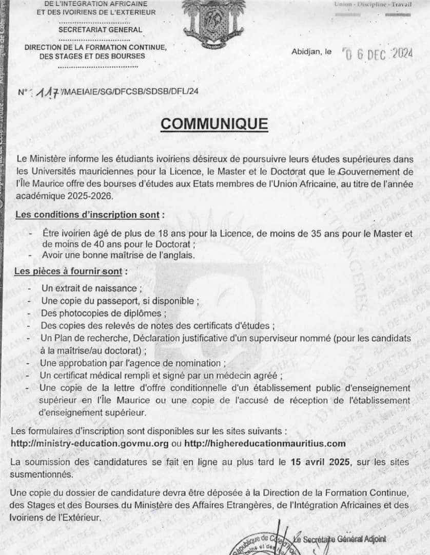 🇲🇺🇨🇮 Bourse d'études à l'île Maurice pour les étudiants ivoiriens