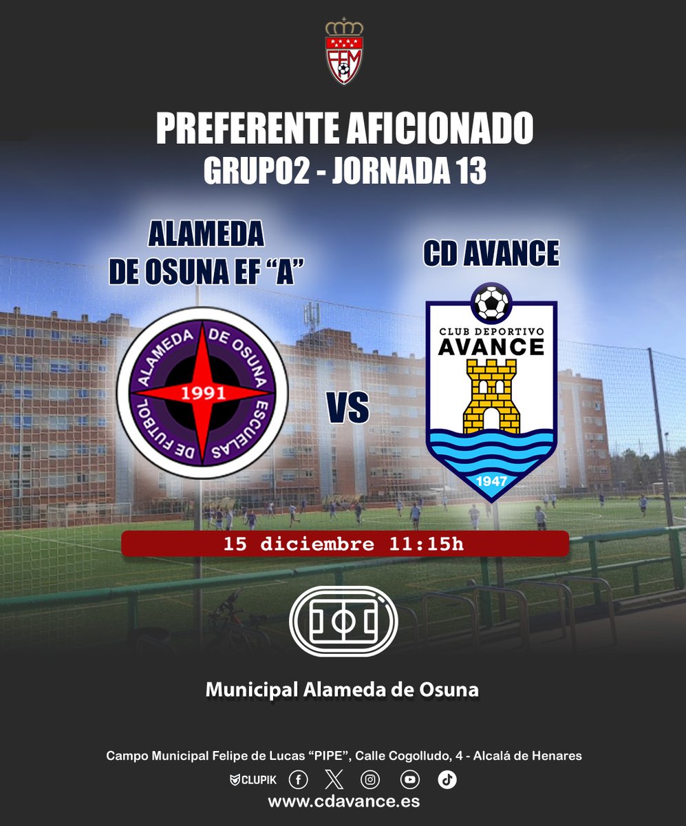C.D.Avance (@cdavance) on Twitter photo Alameda de Osuna EF "A" vs CD Avance
⚽️ Preferente Aficionado - Grupo 2
📆 15 de diciembre
🕑 11:15h
🏟️ Municipal Alameda de Osuna
<a href="/alameda_ef/">Alameda de Osuna EF</a>
#somosdelavance Alameda de Osuna EF "A" vs CD Avance
⚽️ Preferente Aficionado - Grupo 2
📆 15 de diciembre
🕑 11:15h
🏟️ Municipal Alameda de Osuna
<a href="/alameda_ef/">Alameda de Osuna EF</a>
#somosdelavance