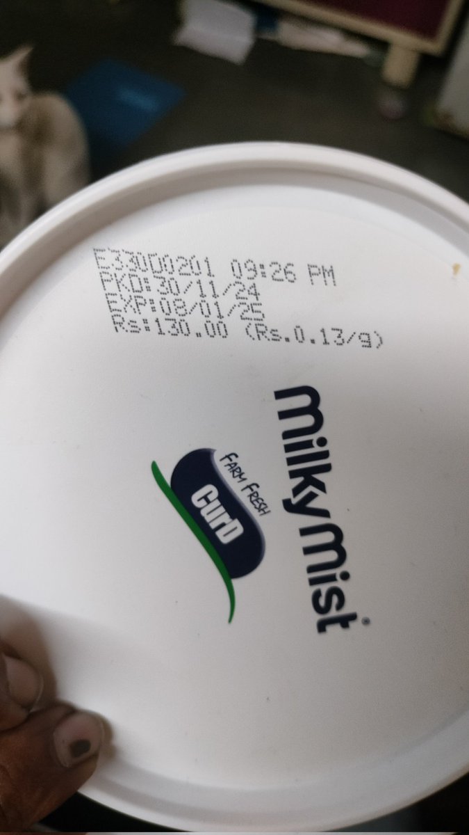 SagarPatekar1's tweet photo. @MilkyMist_MMD @MilkyMistCare, I purchased Milky Mist Curd from D-Mart on 6th Dec 2024. Upon opening it, I found a black spot in the curd (photo attached). Also sharing the batch and manufacturing details for reference. Kindly advise the next steps.
#consumerprotection https://t.co/zsfYp5uiNO
