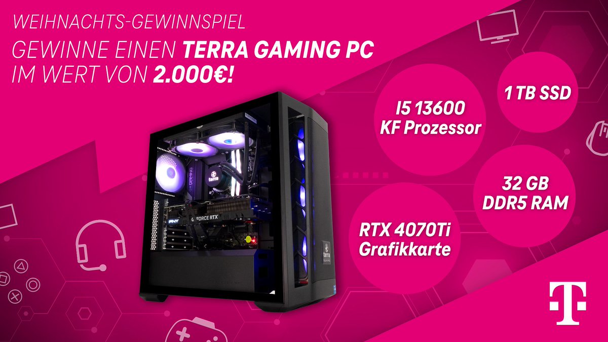 Telekom zockt (@telekom_zockt) on Twitter photo 🎄WEIHNACHTS-GEWINNSPIEL🎄
🖥️GAMING PC 🖥️
Der Weihnachtsmann ist früh dran und bringt euch einen High-Power Gaming PC von <a href="/WortmannAG/">WortmannAG</a>!
Zur Teilnahme bis 15.12.2024 um 23:00 Uhr:
- <a href="/Telekom_zockt/">Telekom zockt</a> folgen
- Post liken & retweeten
Teilnahmebedingungen: bit.ly/3GOKq4Y 🎄WEIHNACHTS-GEWINNSPIEL🎄
🖥️GAMING PC 🖥️
Der Weihnachtsmann ist früh dran und bringt euch einen High-Power Gaming PC von <a href="/WortmannAG/">WortmannAG</a>!
Zur Teilnahme bis 15.12.2024 um 23:00 Uhr:
- <a href="/Telekom_zockt/">Telekom zockt</a> folgen
- Post liken & retweeten
Teilnahmebedingungen: bit.ly/3GOKq4Y