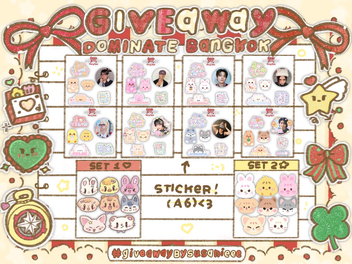 susanieee's tweet photo. Stray Kids World Tour <dominATE BANGKOK>  
—𝓰𝓲𝓿𝓮𝓪𝔀𝓪𝔂 𝓹𝓪𝓻𝓽 8 જ⁀➴ (LAST)

🧸 STICKERS
🍎 A6
🍎 SET 1 / SET 2
🍎 RANDOM✨✨

🥠Date : 14/12/24
📍National Stadium
⏱️Time : TBA

#dominATE_BKK #SKZinBKK 
#dominATE_BANGKOK
#giveawaybysusanieee #RT https://t.co/LlpPXPR9yB