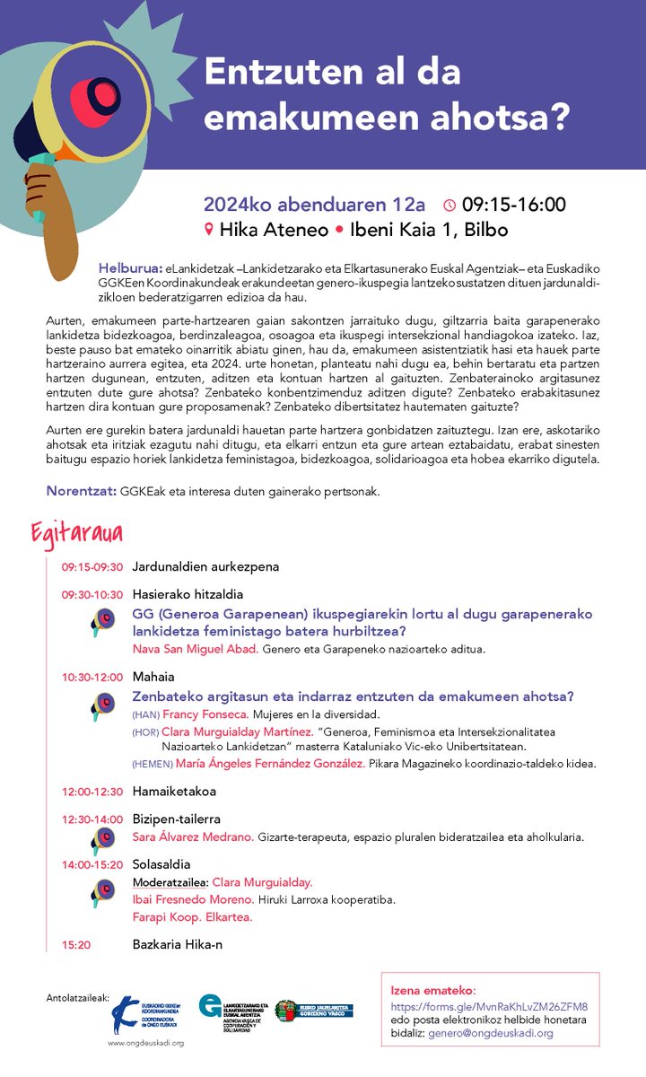 eLankidetza's tweet image. 📢 ENTZUTEN AL DA EMAKUMEEN AHOTSA?    

Abenduaren 12an, 9:15ean, Hika Ateneoan, Bilbon

Erakunde barruan #genero-ikuspegia lantzeko jardunaldiak. #eLankidetza eta @ONGDeuskadi 

Info eta izen-emateak 👉elankidetza.euskadi.eus/ekitaldia/erak…